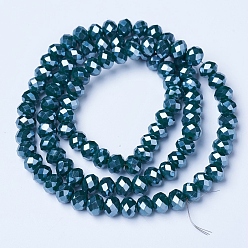 Dark Green Electroplate Glass Beads Strands, Pearl Luster Plated, Faceted, Rondelle, Dark Green, 3.5x3mm, Hole: 0.4mm, about 123~127pcs/strand, 13.7~14.1 inch(35~36cm)