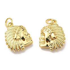 Real 18K Gold Plated Rack Plating Brass Pendants, with Jump Ring, Lead Free & Cadmium Free, Long-Lasting Plated, Indian Head Chief Charm, Golden, 16x13x4.5mm, Hole: 3.6mm