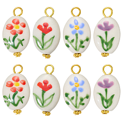 Mixed Color 8Pcs 4 Styles Handmade Porcelain Pendants, with Iron Findings, Oval with Flower Pattern Charms, Mixed Color, 26mm, Hole: 3.5mm, 2pcs/style