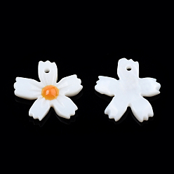 Orange Natural Freshwater Shell Enamel Pendants, Flower, Orange, 13.5x15.5x2mm, Hole: 1mm