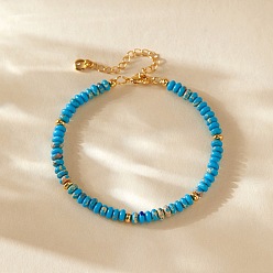 Imperial Jasper Handmade Dyed Natural Imperial Jasper Rondelle Beaded Bracelets with 304 Stainless Steel End Chains, Real 18K Gold Plated, Deep Sky Blue, 7.09 inch(18cm)