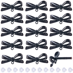 Черный Фурнитура для серег-гвоздиков из окрашенного сплава, бантом, с петлей и пластиковыми ушными гайками, чёрные, 11.5x25 мм, отверстие : 1.4 мм, штифты : 0.7 мм, 24 шт