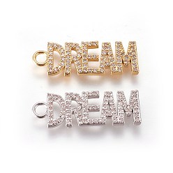 Mixed Color Brass Micro Pave Cubic Zirconia Pendants, Inspirational Message Pendants, Word Dream, Clear, Mixed Color, 30x10x2mm, Hole: 3mm