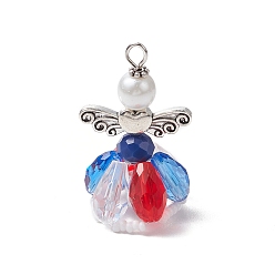 Античное Серебро Подвески из стеклянных жемчужных бусин, ангельские прелести, с крыльями из сплава в тибетском стиле и железной петлей, античное серебро, 37x22.5x22 мм, отверстие : 3x3.5 мм