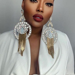 Золотой Латунные серьги-гвоздики с плоскими круглыми кисточками и кристаллами из стразов, золотые, 220x78 мм