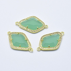 Pale Turquoise Brass Micro Pave Cubic Zirconia Links, with Glass, Faceted, Rhombus, Golden, Pale Turquoise, 33x20x5mm, Hole: 1.6mm