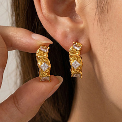 Самородки 304 Серьги-гвоздики из нержавеющей стали с прозрачными кубическими циркониями, золотые, самородки, 21.5x8.9 мм