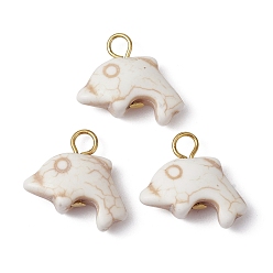 (404) Непрозрачное AB Кислое яблоко Синтетические бирюзовые подвески, с позолоченными железными петлями, прелести дельфинов, цветочный белый, 15.5~16x19~19.5x6.5 мм, отверстие : 3.5 мм