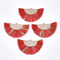 Красный Подвески из рафии с кисточками, с металлическими шнурами и медными выводами, веерообразный, золотые, красные, 27x45x3 мм, отверстие : 1x3 мм