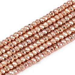 Гальванический Розовый Золотой Гальванизировать немагнитных синтетический гематит бисер пряди, класс АА, долговечный, граненые, рондель, покрытием из розового золота, 3x2 мм, отверстие : 0.8 мм, около 182 шт / нитка, 15.7 дюйм (40 см)