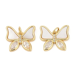 Настоящее золото 18K Латунные микро проложить кубического циркония подвески, бабочки прелести, с раковиной и прыгать кольцо, без кадмия и без свинца, прочное покрытие, стойки покрытие, реальный 18 k позолоченный, 16.5x18x3 мм, отверстие : 3.5 мм