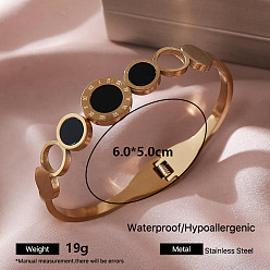 Flat Round Vintage 304 Stainless Steel Black Enamel Open Hinged Cuff Bangles for Women, Golden, Flat Round, Inner Diameter: 2.36 inch(6cm)