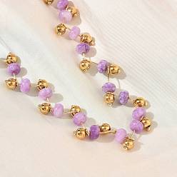 Аметист 304 Женские ожерелья из нержавеющей стали и бусин-ронделей из натурального аметиста, золотые, 16.14 дюйм (41 см)