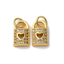 Настоящее золото 18K Латунные микропаве прозрачные кубические циркониевые подвески, прямоугольник с замком в форме сердца, с целью перехода в кольце, стойки покрытие, долговечный, без свинца и без кадмия, реальный 18 k позолоченный, 11x6.5x2.5 мм, отверстие : 3.5 мм