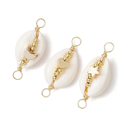 Golden 3Pcs 3 Styles Natural Cowrie Shell Copper Wire Wrapped Shell Shape Connector Charms, with Moon & Star & Heart Brass Beads, Golden, 30.5~33.5x13~14.5x9.5~12mm, Hole: 3.5mm, 1pc/style