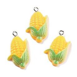 Corn Непрозрачные подвески смолы, имитация овощей и фруктов, с платиновым тоном железная петля, кукуруза, 28x17x6 мм, отверстие : 2 мм