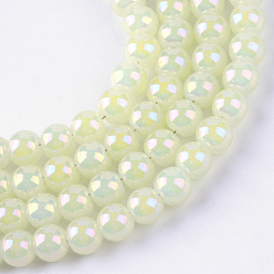 Светлый Золото-желтый Стеклянные бусины с гальваническим покрытием , имитация нефрита, с покрытием цвета радуги, круглые, светлый золотарник желтый, 7.5x8.5 мм, отверстие : 1 мм, около 100~104 шт / нитка, 27.56~29.13 дюйм (70~74 см)