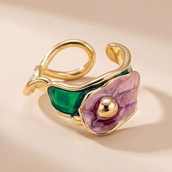 Old Rose Brass Enamel Cuff Open Rings for Women, Flower, Golden, Old Rose, US Size 4 1/4(15~20mm)