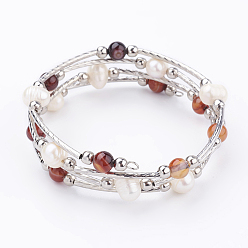 Mixed Color 4-Loops Natural Striped Agate/Banded Agate(Dyed) Wrap Bracelets, with Natural Freshwater Pearl and Iron Spacer Beads, Mixed Color, 2-1/8 inch(53mm)