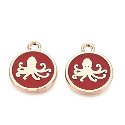 FireBrick Alloy Enamel Pendants, Rack Plating, Flat Round & Octopus Charms, Golden, FireBrick, 16x13x1.5mm, Hole: 1.8mm