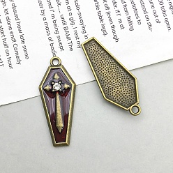 Antique Bronze Halloween Alloy Enamel Pendants, Coffin with Cross, Antique Bronze, 31x13mm