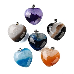 Color mezclado Colgantes de ágata con núcleo de cristal natural teñidos y calentados, con 304 presas de acero inoxidable a presión, encantos del corazón, color acero inoxidable, color mezclado, 32~33x30x13~14 mm, agujero: 7x4 mm