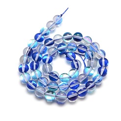 Royal Blue Synthetic Moonstone Beads Strands, Dyed, Holographic Beads, Half AB Color Plated, Round, Royal Blue, 6mm, Hole: 1mm, about 64pcs/strand, 15 inch