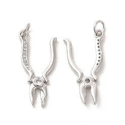 Real Platinum Plated Rack Plating Brass Micro Pave Cubic Zirconia Tool Pendants, Cadmium Free & Lead Free, Plier Charm, with Jump Ring, Real Platinum Plated, 25.5x13x2.8mm, Hole: 3.4mm