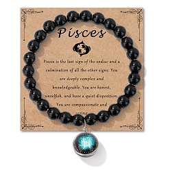 Рыбы Браслеты из круглых бусин с натуральным черным обсидианом, камень рождения, браслеты с подвесками в виде созвездия из сплава и смолы для мужчин и женщин, без поздравительной открытки, Рыбы