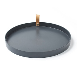 Slate Gray Round ABS Plastic Desktop Storage Tray, with PU Leather Handle, Jewelry Trays, Snack Tray Plate, for Living Room Kitchen Table Home Decoration, Slate Gray, 26.4x2.4cm