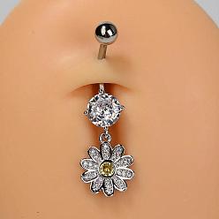 Цветок 304 Кольца для живота в форме изогнутой штанги из нержавеющей стали с прозрачным кубическим цирконием, серебряный цвет гальваническим, цветок, 37 мм