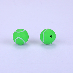 Light Green Printed Round with Baseball Pattern Silicone Focal Beads, Light Green, 15x15mm, Hole: 2mm