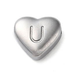 Letter U 201 Stainless Steel Beads, Stainless Steel Color, Heart, Letter U, 7x8x3.5mm, Hole: 1.5mm