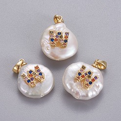 Letter W Подвески из натурального пресноводного жемчуга, с латунными микро проложить кубических выводы циркония, самородки с буквой, долговечный, золотые, красочный, буква.w, 17~27x12~16x6~12 мм, отверстие : 4x2.5 мм