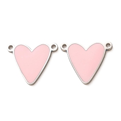 Stainless Steel Color 304 Stainless Steel with Pink Enamel Connector Charms, Heart Links, Stainless Steel Color, 15x18x1mm, Hole: 1.4mm