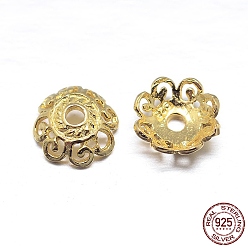 Real 18K Gold Plated Real 18K Gold Plated 4-Petal 925 Sterling Silver Bead Caps, Flower, Golden, 7x3mm, Hole: 1mm, about 90pcs/20g
