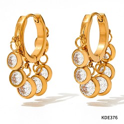 Прозрачный 304 плоские круглые серьги-люстры с кисточками из нержавеющей стали с кубическим цирконием, золотые, прозрачные, 25.6 мм