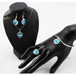 Темно-бирюзовый Ожерелье из сплава с кулоном в виде сердца и подвеской из кристаллов, а также браслет с подвесками и кольцо, платина, темные бирюзовый, 400 мм