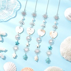 Нержавеющая Сталь Цвет Синтетические бирюзовые бусины в виде морских звезд и черепах, подвесные ловцы солнца, с подвеской в виде луны и солнца из нержавеющей стали, для наружного и садового декора, цвет нержавеющей стали, 291 мм, 4 шт / комплект