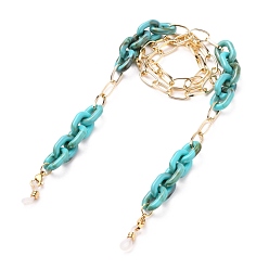 Light Sea Green Eyeglasses Chains, Neck Strap for Eyeglasses, with Aluminium & Acrylic Paperclip Chains, 304 Stainless Steel Lobster Claw Clasps and Rubber Loop Ends, Light Gold, Light Sea Green, 28.15 inch(71.5cm)