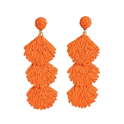 Темно-Оранжевый Серьги-гвоздики в форме ракушек из рафии в богемном стиле, с железными контактами, золотые, темно-оранжевый, 90x32 мм