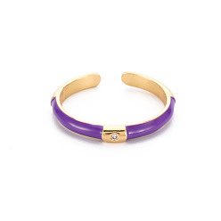 Dark Violet Brass Enamel Cuff Rings, Open Rings, with Clear Cubic Zirconia, Nickel Free, Golden, Dark Violet, US Size 8(18.1mm)