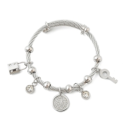 Stainless Steel Color 304 Stainless Steel Bangles, with Rhinestone, Flat Round & Lock & Key, Stainless Steel Color, 2-1/4 inch(5.7cm), Pendant: 10~20x7~15x2~5mm