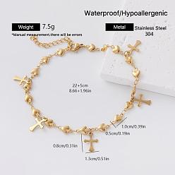 Cross Religión 304 tobilleras con dijes de acero inoxidable para mujer, dorado, cruzar, 8-5/8 pulgada (220 mm)