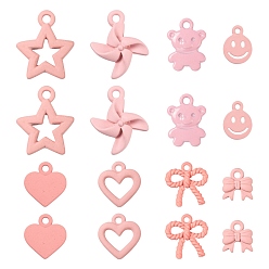 Pink 32 шт. 8 подвески из сплава, окрашенные распылением, медведь, сердце, крутой бантик, ветряная мельница, звезда и плоский круг с улыбающимся лицом и бантом, розовые, 9.5~16.5x9~14.5x1.5~3 мм, отверстие : 1.2~1.6 мм, 4 шт / стиль
