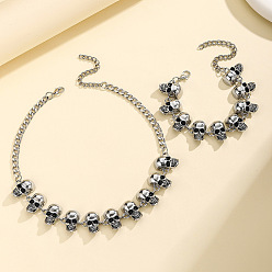 Античное Серебро Наборы из ожерелья и браслетов из сплава с черепом, античное серебро, 420 мм