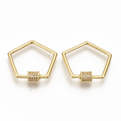Настоящее золото 18K Латунь микропаве прозрачный кубический цирконий винт карабин брелоки, для изготовления ожерелий, без кадмия и без свинца, пятиугольник, реальный 16 k позолоченный, 25x26x2 мм, винтовая застежка: 6x5.5 мм