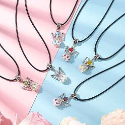 (52) Непрозрачная лаванда Ожерелья с подвесками из стеклянных бусин в виде ангела, ожерелья из черного вощеного хлопкового шнура для женщин, античное серебро, разноцветные, 17.44 дюйм (44.3 см)