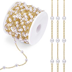 Golden Plastic Pearl Beaded Chain, with Brass Curb Chains, Soldered, with Spool, Golden, 4mm, about 32.81 Feet(10m)/Roll