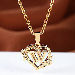 Letter W Цепочка из латуни с подвеской в виде сердца в форме розы и буквы, золотые, Буква W, 17.72 дюйм (45 см)